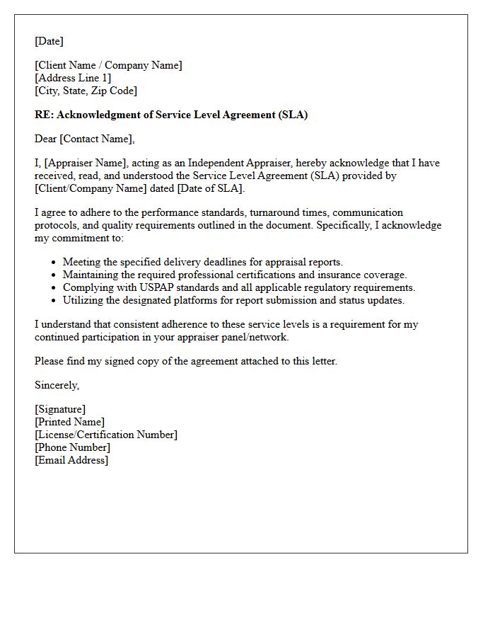 Independent Appraiser Service Level Agreement Acknowledgment Letter