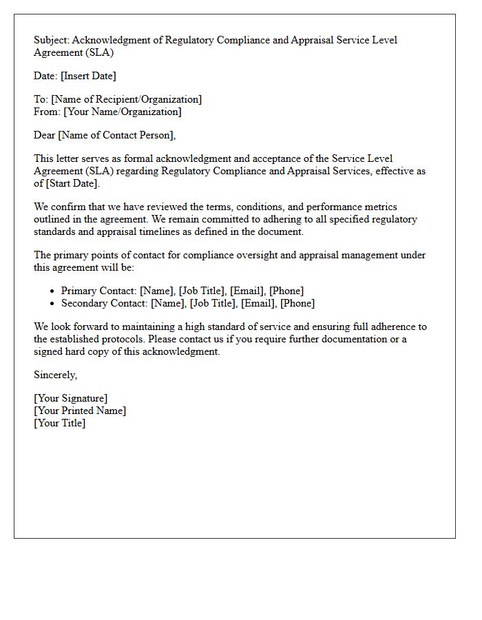 Regulatory Compliance and Appraisal Service Level Agreement Acknowledgment Letter