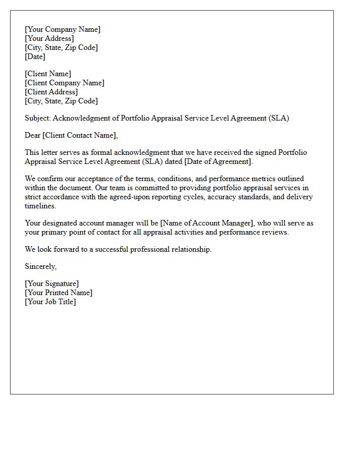 Acknowledgment Letter for Portfolio Appraisal Service Level Agreement