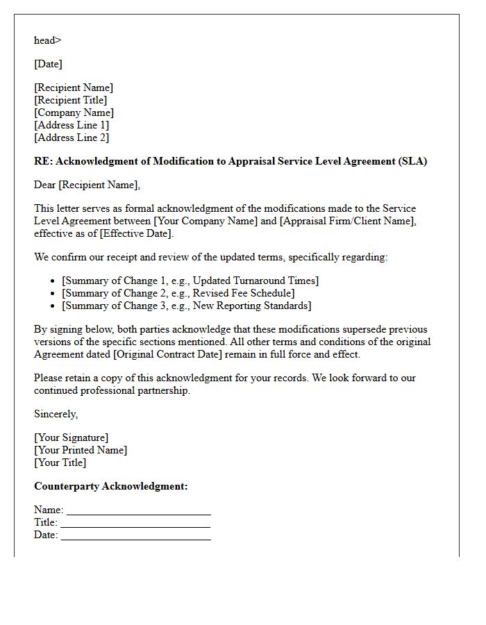 Appraisal Service Level Agreement Modification Acknowledgment Letter