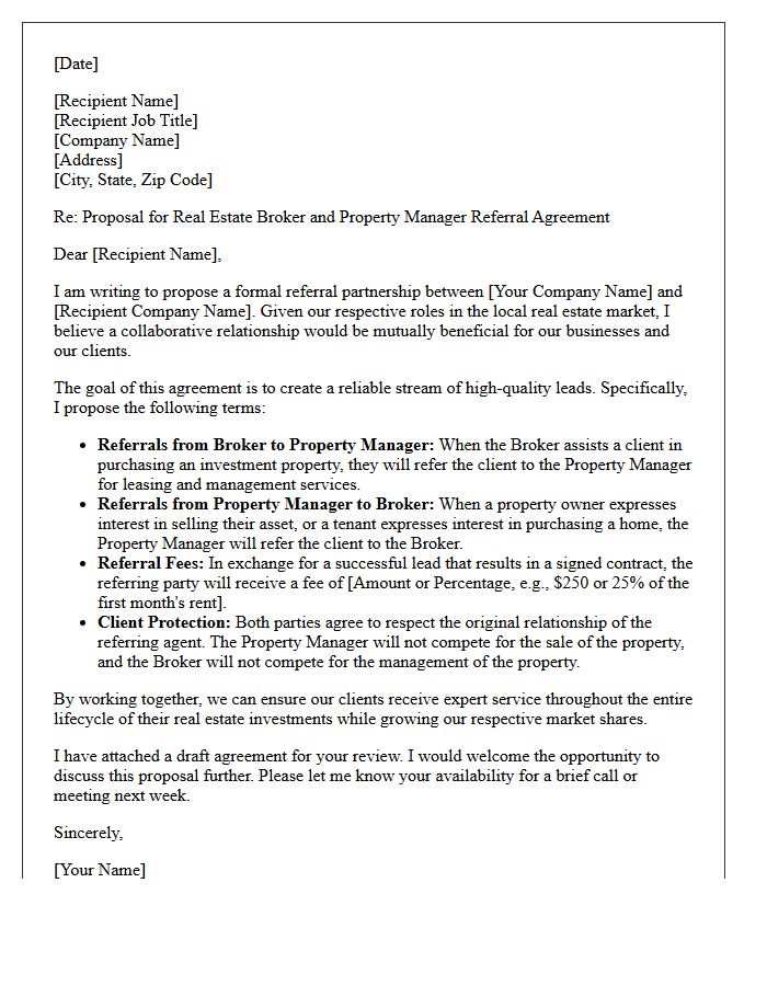 Proposal Letter for Real Estate Broker and Property Manager Referral Agreement