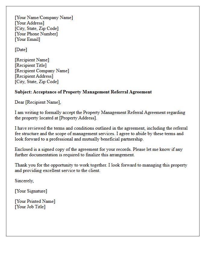 Formal Acceptance Letter for Property Management Referral Agreement