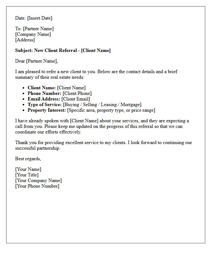 New Client Referral Submission Letter for Real Estate Partners