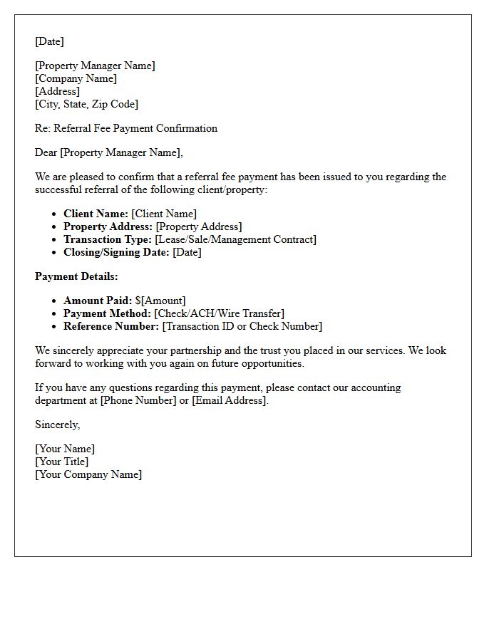 Referral Fee Payment Confirmation Letter for Property Managers