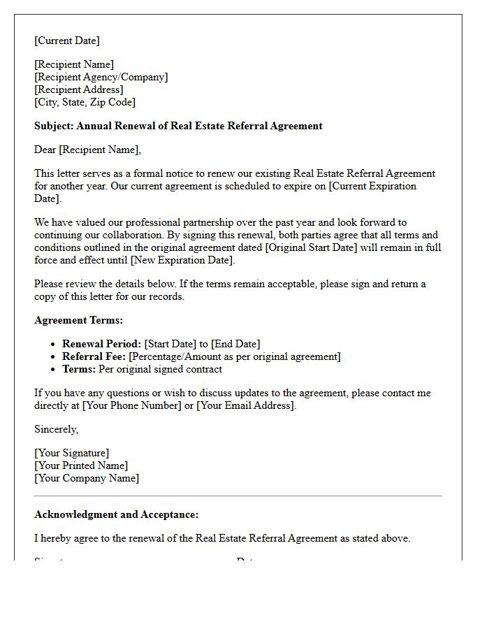 Annual Renewal Letter for Real Estate Referral Agreement