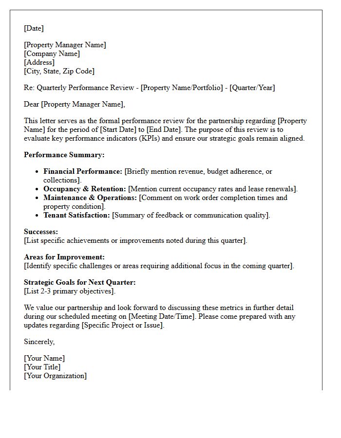 Quarterly Partnership Performance Review Letter for Property Managers