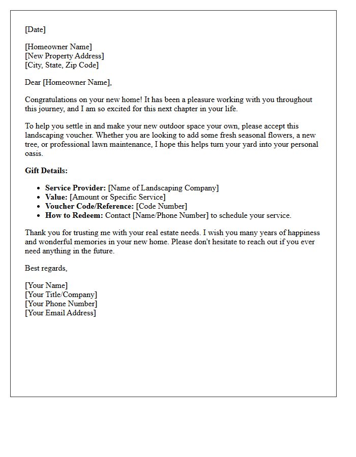 Closing Gift Landscaping Voucher Letter for Homeowners