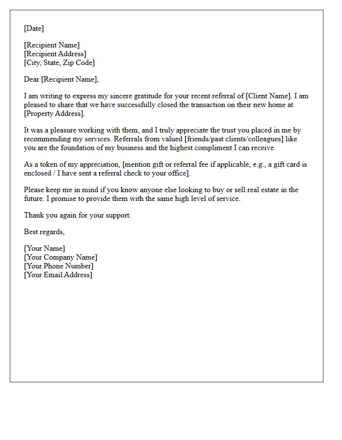 Thank You Letter for a Successful Real Estate Referral