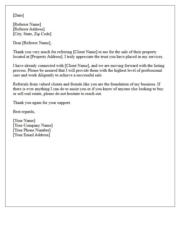Real Estate Seller Referral Thank You Letter