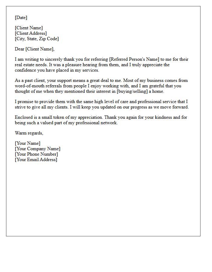 Past Client Real Estate Referral Appreciation Letter