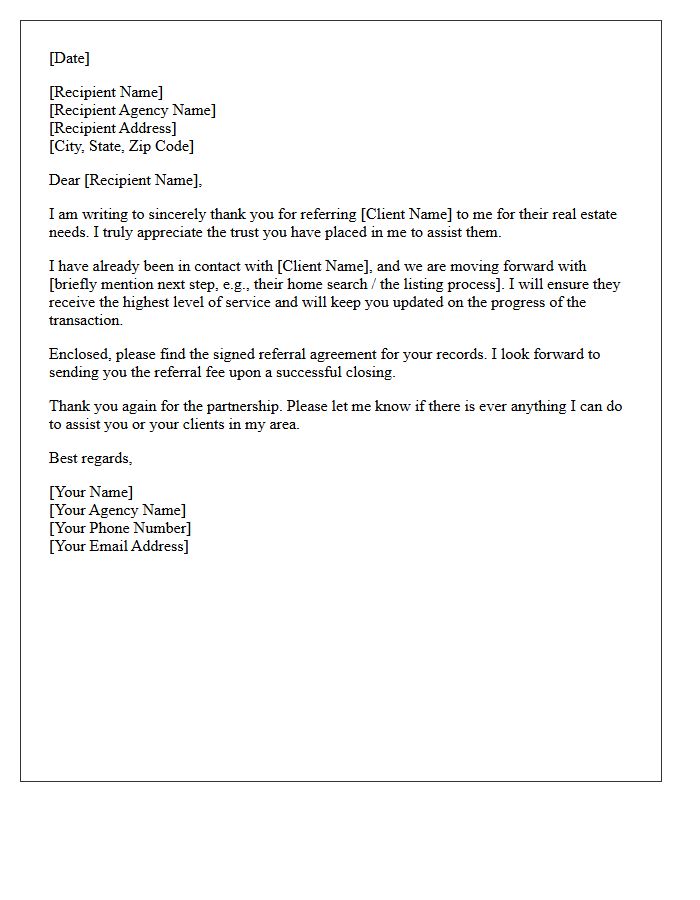 Letter Thanking a Fellow Agent for a Client Referral