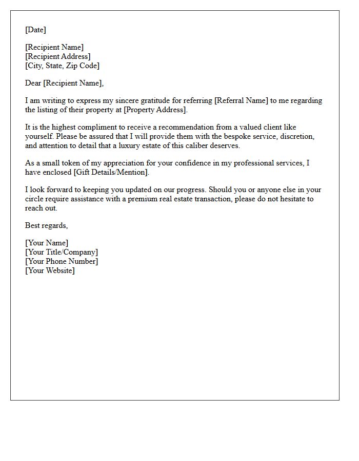 Luxury Property Client Referral Thank You Letter