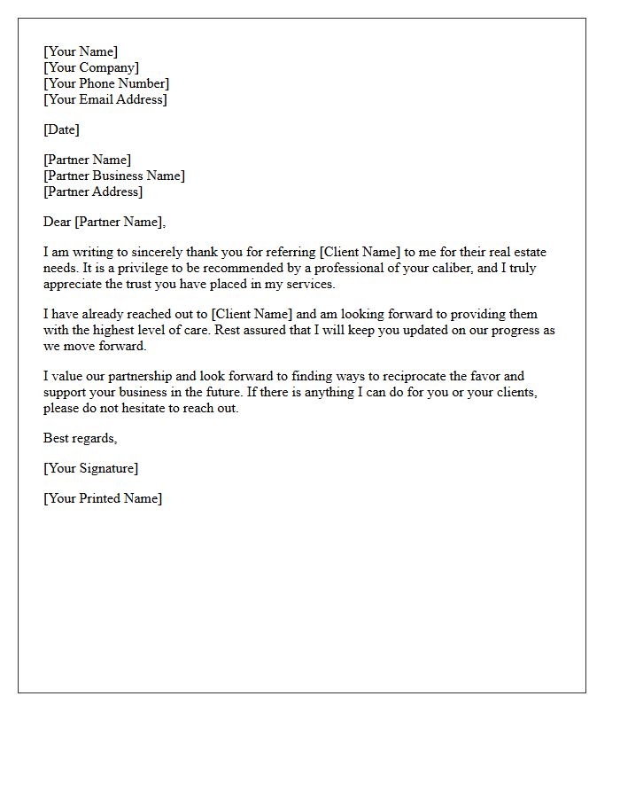 Local Business Partner Real Estate Referral Thank You Letter