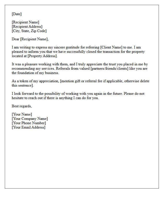 Closed Property Transaction Referral Thank You Letter