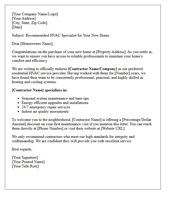 Endorsement Letter For Reliable Residential HVAC Contractors To New Homebuyers