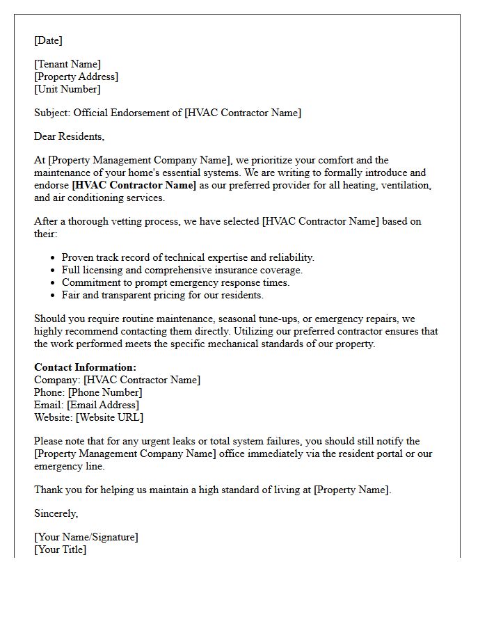 Property Management Endorsement Letter For Trusted HVAC Contractors