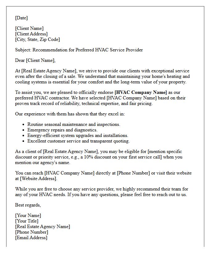 Real Estate Agency Endorsement Letter For Preferred HVAC Contractors
