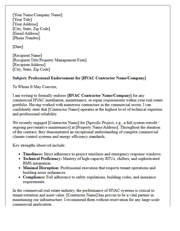 Commercial Real Estate Endorsement Letter For Expert HVAC Contractors