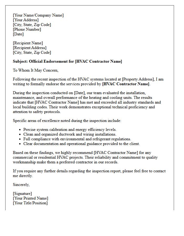 Post-Inspection Endorsement Letter For Reliable HVAC Contractors
