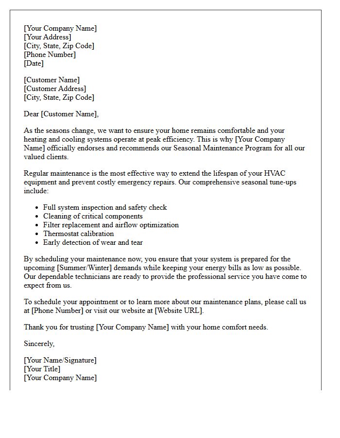 Seasonal Maintenance Endorsement Letter For Dependable HVAC Contractors