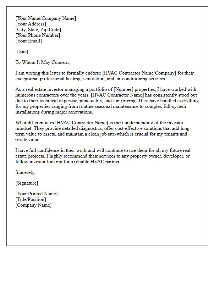 Real Estate Investor Endorsement Letter For Professional HVAC Contractors