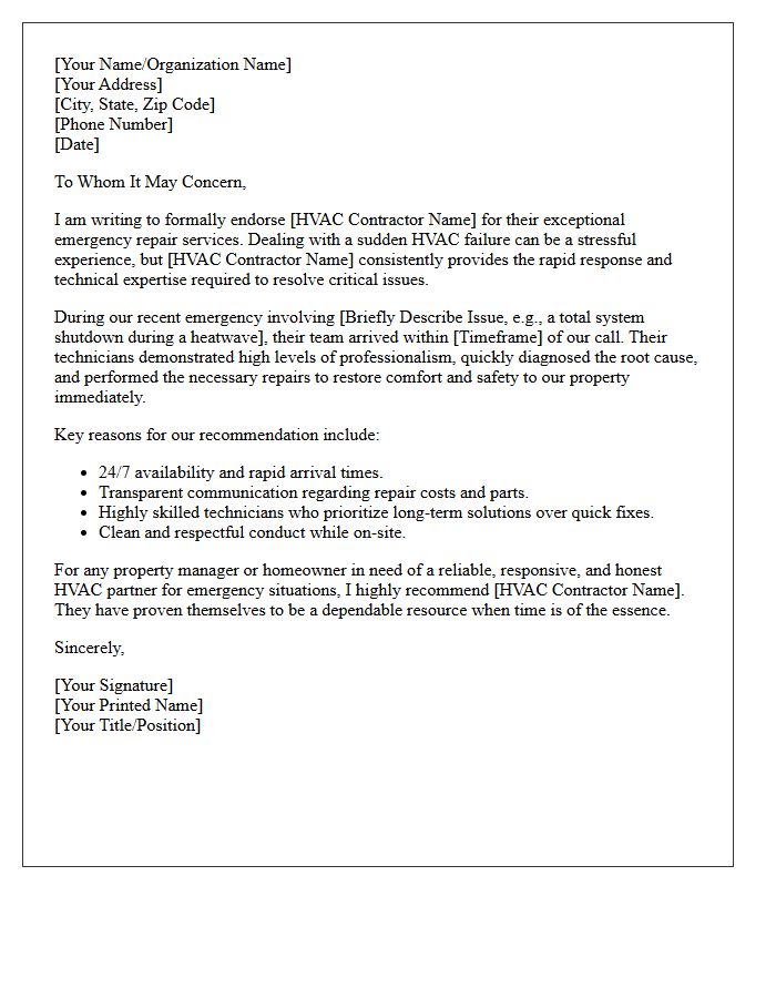 Emergency Repair Endorsement Letter For Responsive HVAC Contractors