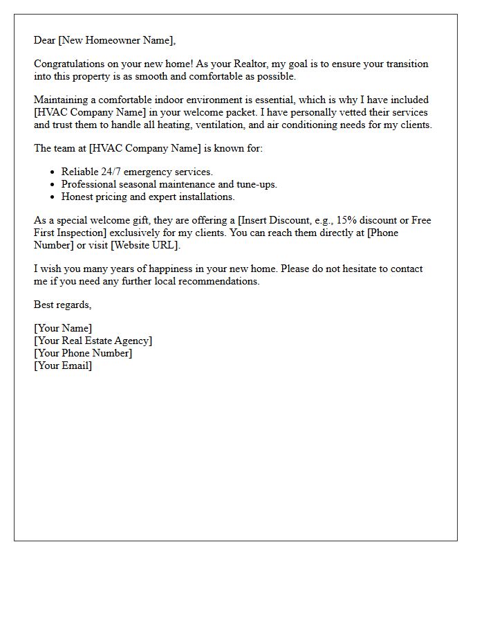Realtor Welcome Packet Endorsement Letter For Local HVAC Contractors