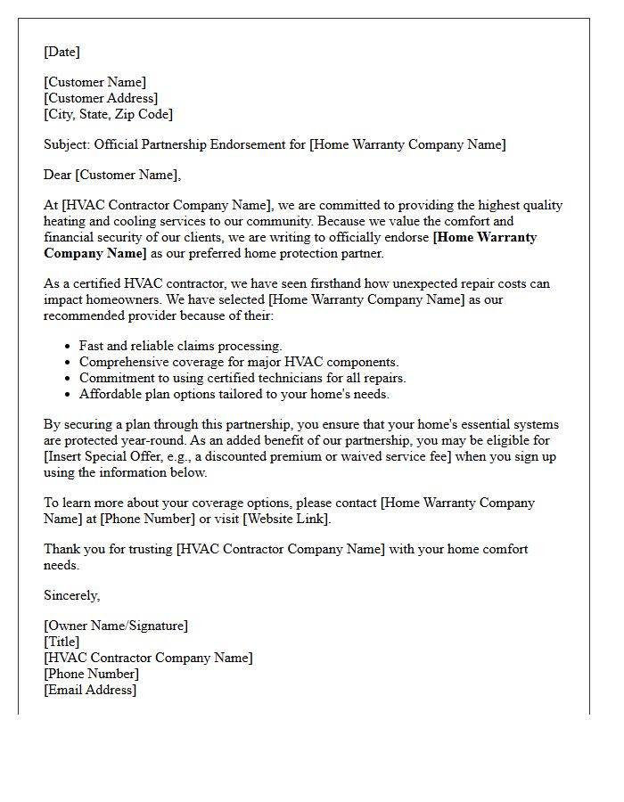 Home Warranty Partner Endorsement Letter For Certified HVAC Contractors