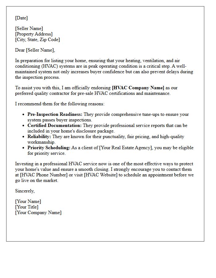 Seller Preparation Endorsement Letter For Quality HVAC Contractors
