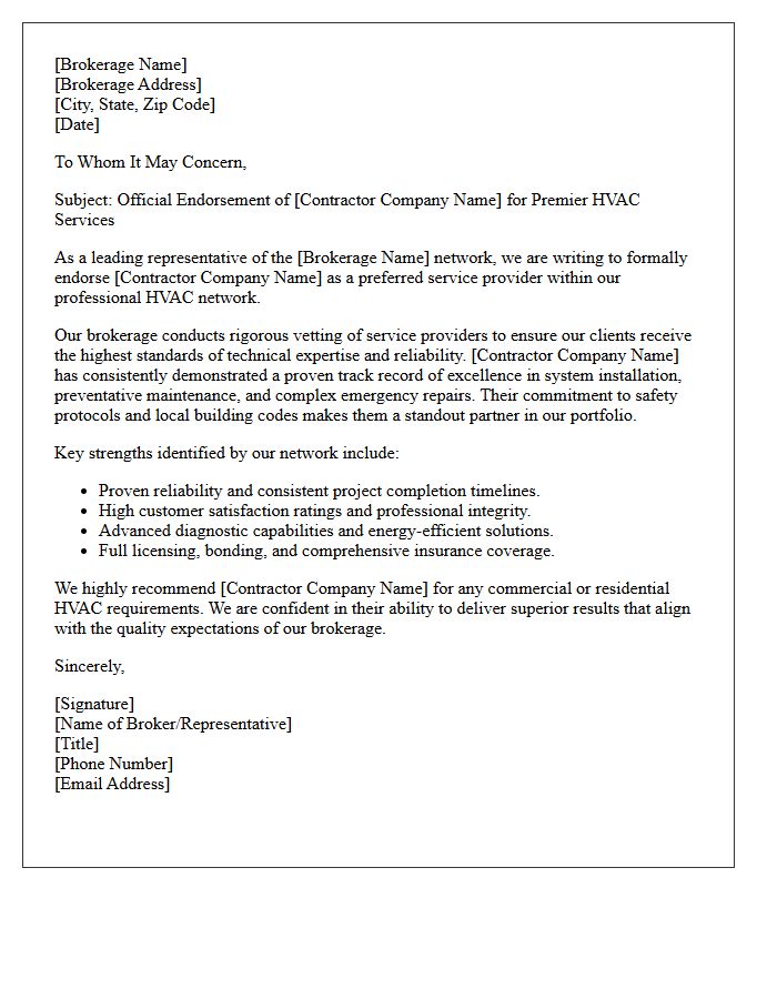 Brokerage Network Endorsement Letter For Proven HVAC Contractors