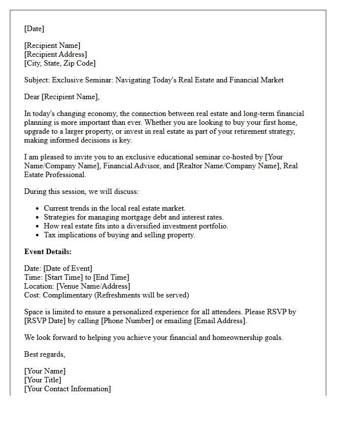 Outreach Letter for Co-Hosted Financial Advisor and Realtor Seminar