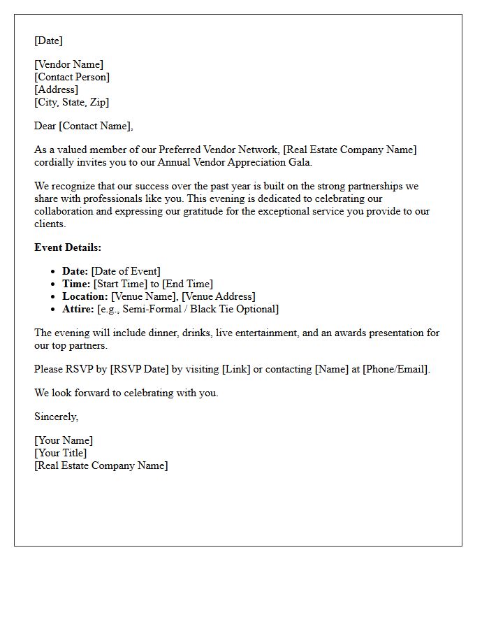 Real Estate Preferred Vendor Appreciation Gala Invitation Letter