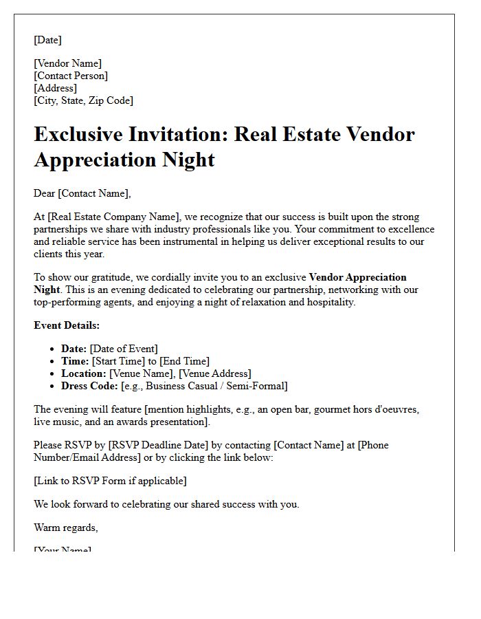 Exclusive Invitation Letter For Real Estate Vendor Appreciation Night