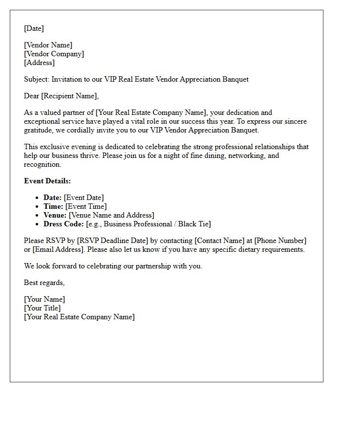 VIP Real Estate Vendor Appreciation Banquet Invitation Letter