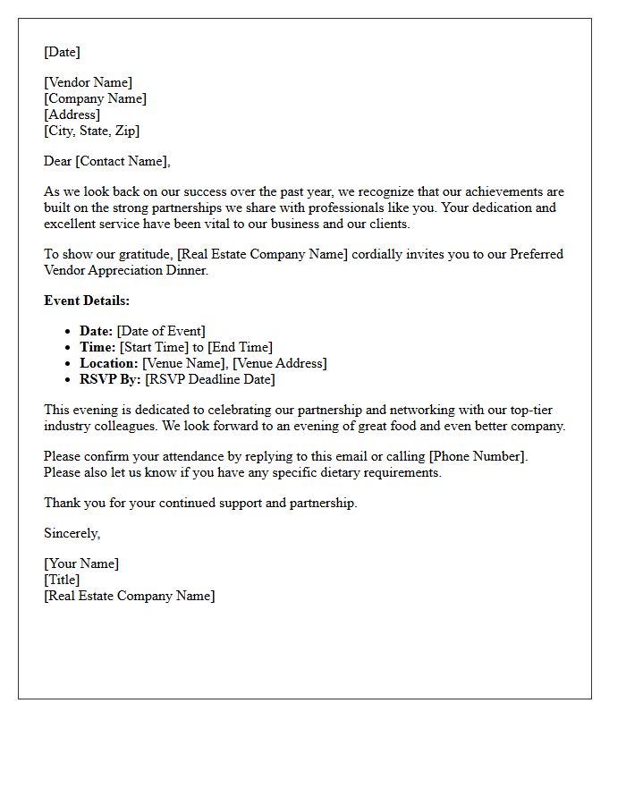 Letter Inviting Preferred Vendors To Our Real Estate Appreciation Dinner