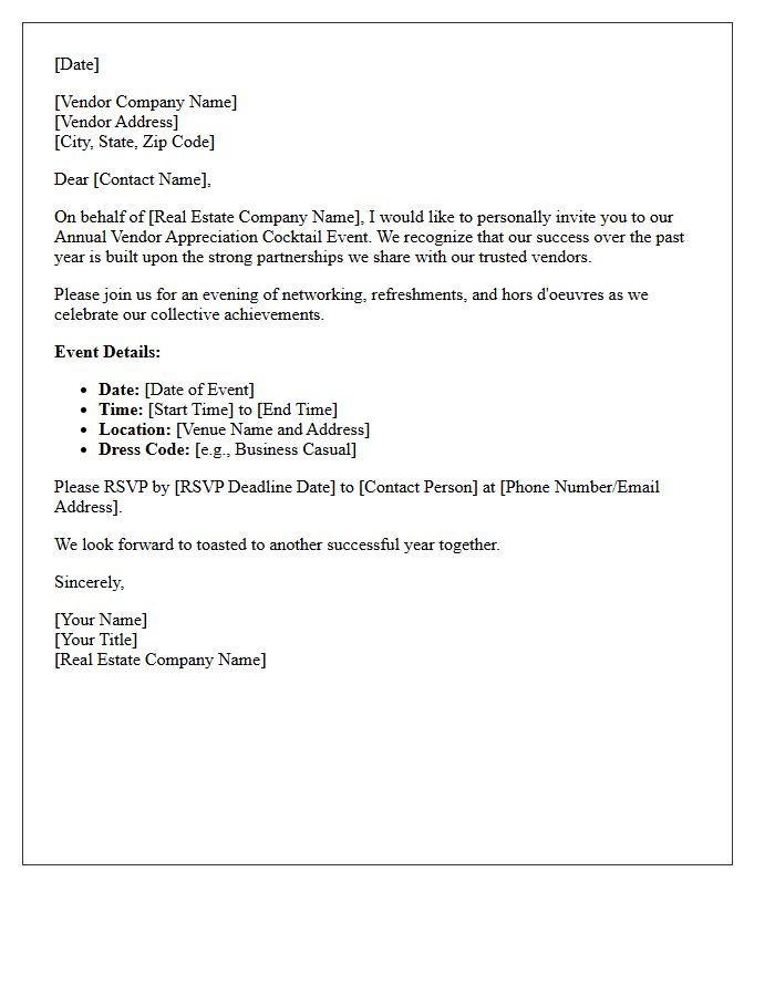 Annual Real Estate Vendor Appreciation Cocktail Event Invitation Letter