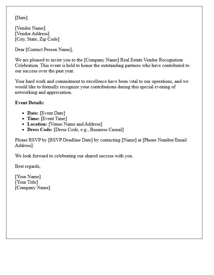 Letter Of Invitation For The Real Estate Vendor Recognition Celebration