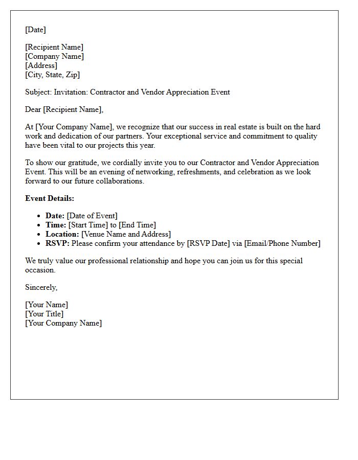 Real Estate Contractor And Vendor Thank You Event Invitation Letter