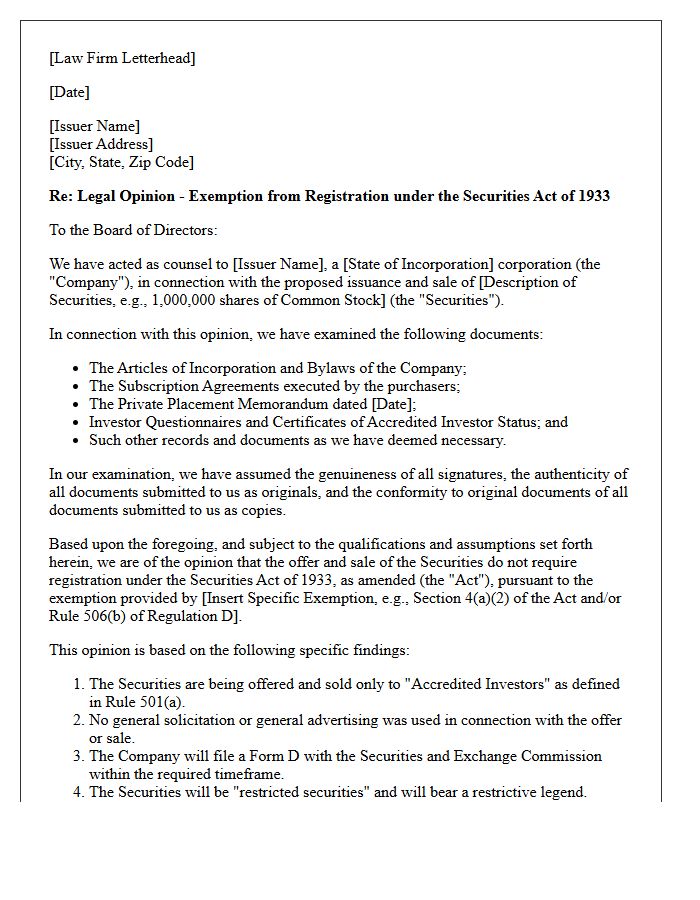 Securities Act Registration Exemption Opinion Letter