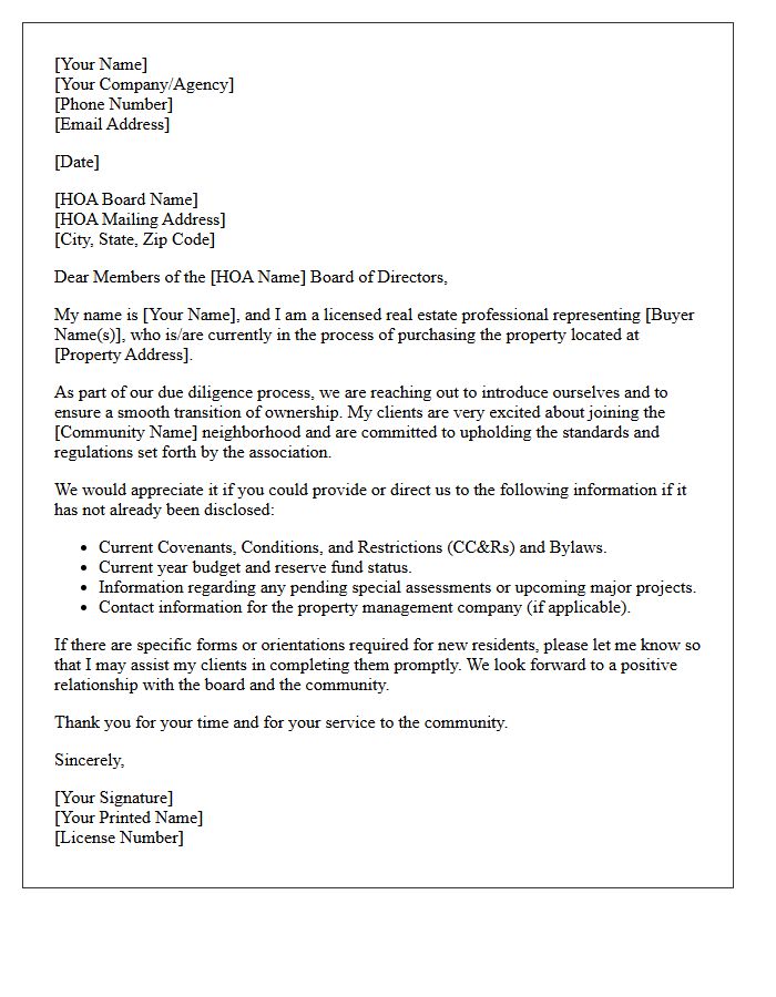 Buyer Representative Introduction Letter to HOA Board Members