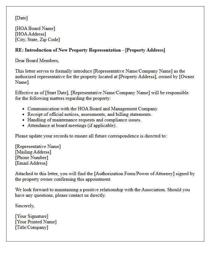 New Property Owner Representation Introduction Letter to HOA Board Members