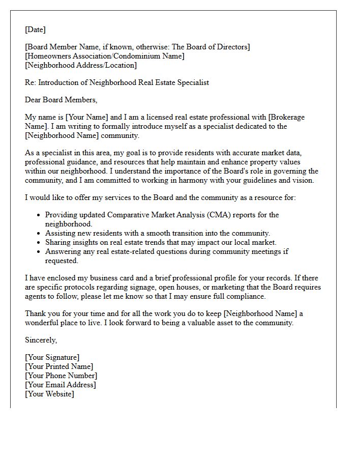Neighborhood Real Estate Specialist Introduction Letter to the Board Members