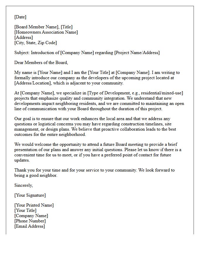 Real Estate Developer Introduction Letter to Association Board Members