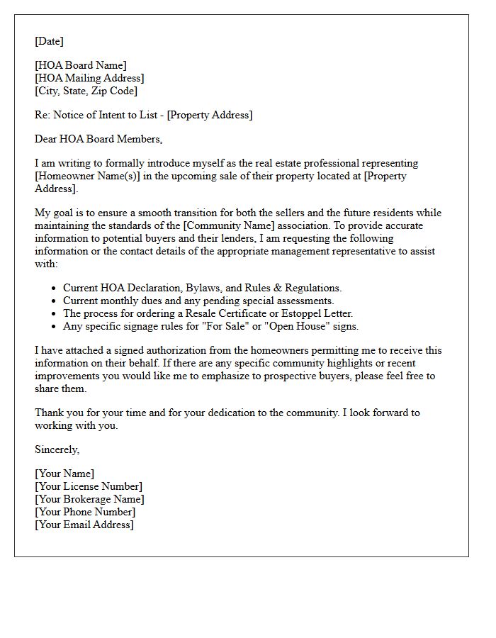 Pre-Listing Introduction Letter to Homeowners Association Board Members