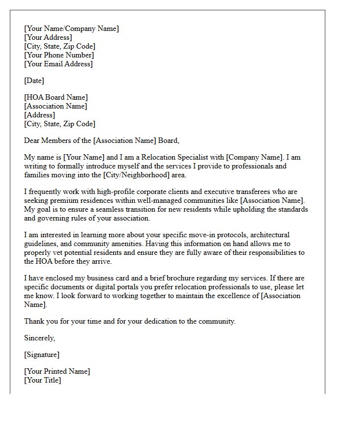 Relocation Specialist Introduction Letter to Homeowners Association Board Members