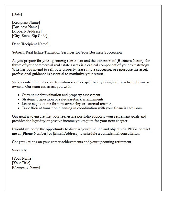 Notice Letter Of Real Estate Transition Services For Retiring Business Owners