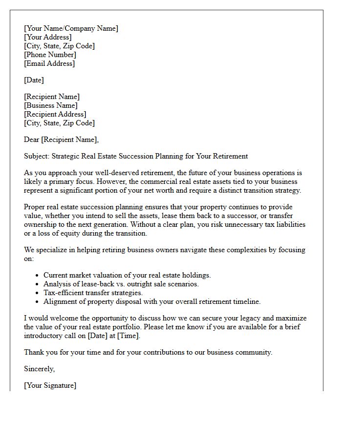 Letter Regarding Real Estate Succession Planning For Retiring Business Owners