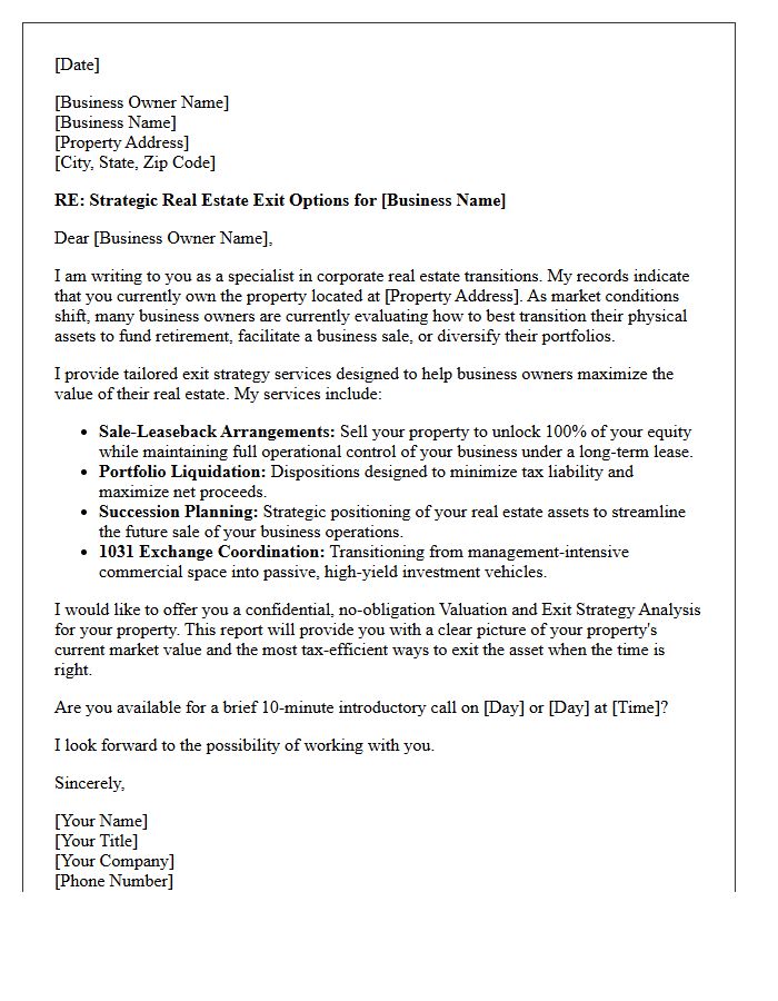 Notice Letter Offering Real Estate Exit Strategy Services For Business Owners