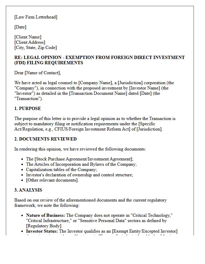 Foreign Direct Investment Filing Exemption Opinion Letter