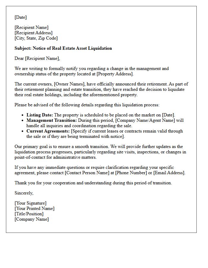 Notice Letter Concerning Real Estate Asset Liquidation For Retiring Owners